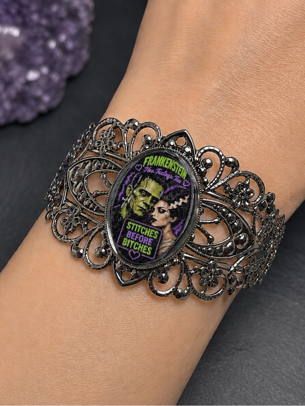 Black Frankenstein Bride Cuff | Bracelet with Frankenstein |Artisan Jewelry